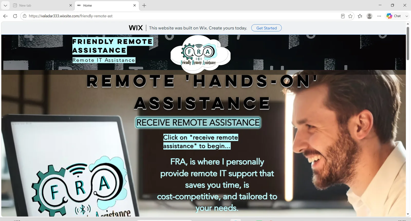 Friendly Remote Assistance, the original Wix homepage
